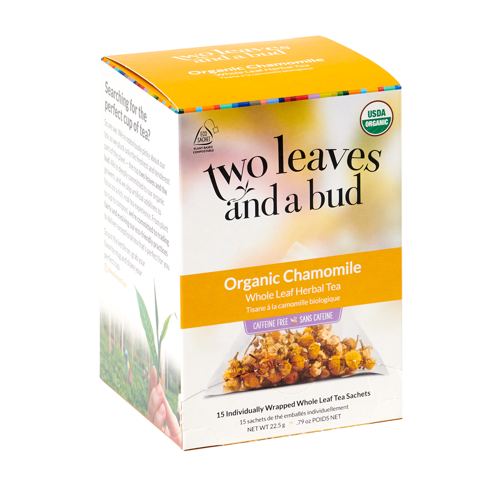Two Leaves and a Bud Organic Chamomile tea box, 15 tea sachets, sold by Bright and Early Coffee