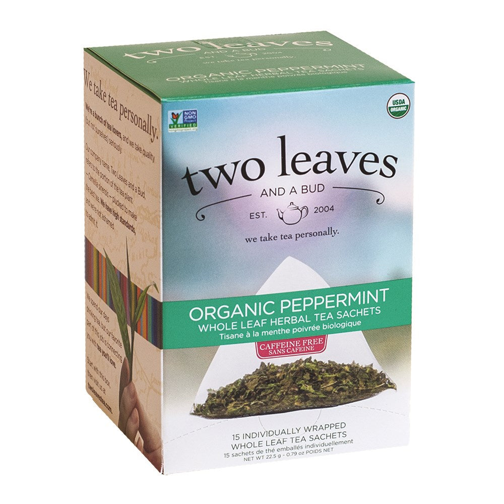 Two Leaves and a Bud Organic Peppermint tea box, 15 tea sachets, sold by Bright and Early Coffee