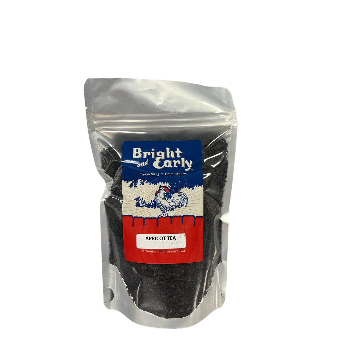 Bright and Early Coffee Apricot loose leaf tea in a clear resealable pouch