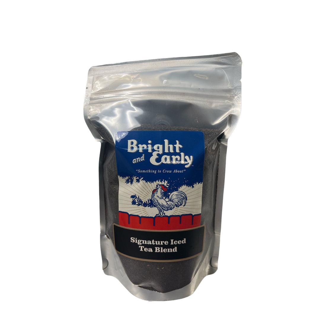 Bright and Early Coffee Signature Iced Tea Blend loose leaf tea in a clear resealable pouch