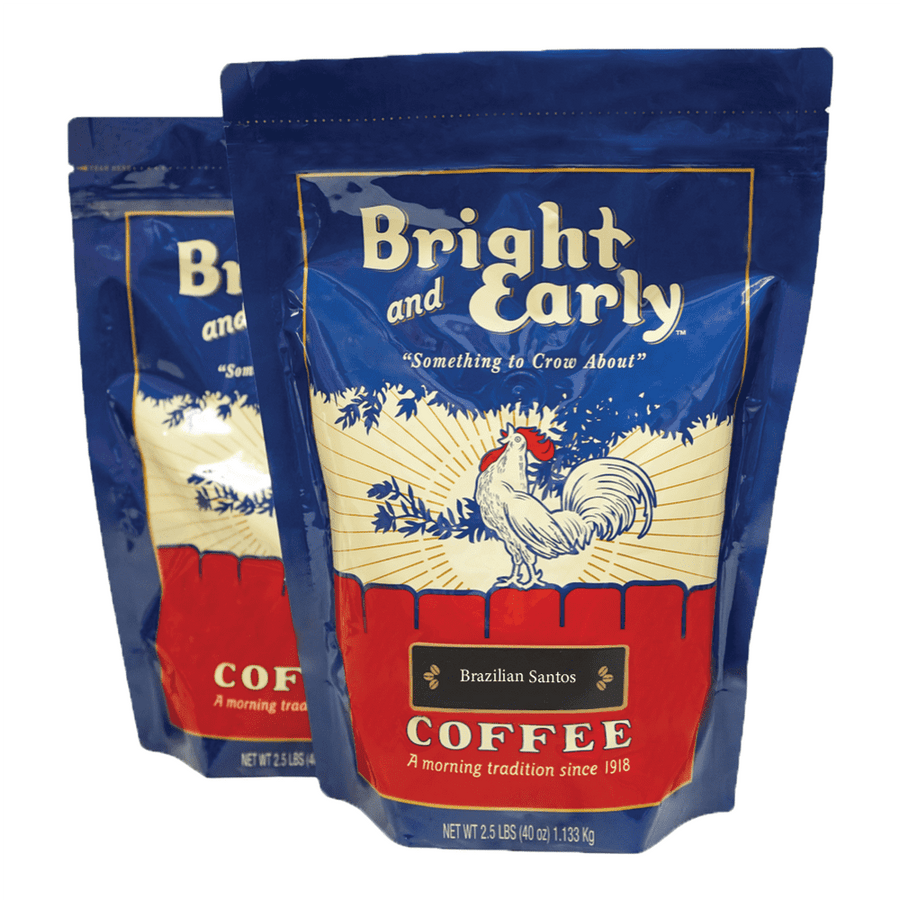 two, two and a half lb bag Bright and Early coffee single orgin brazalian santos 100% premium arabica specialty grade coffee roasted and packaged in Texas