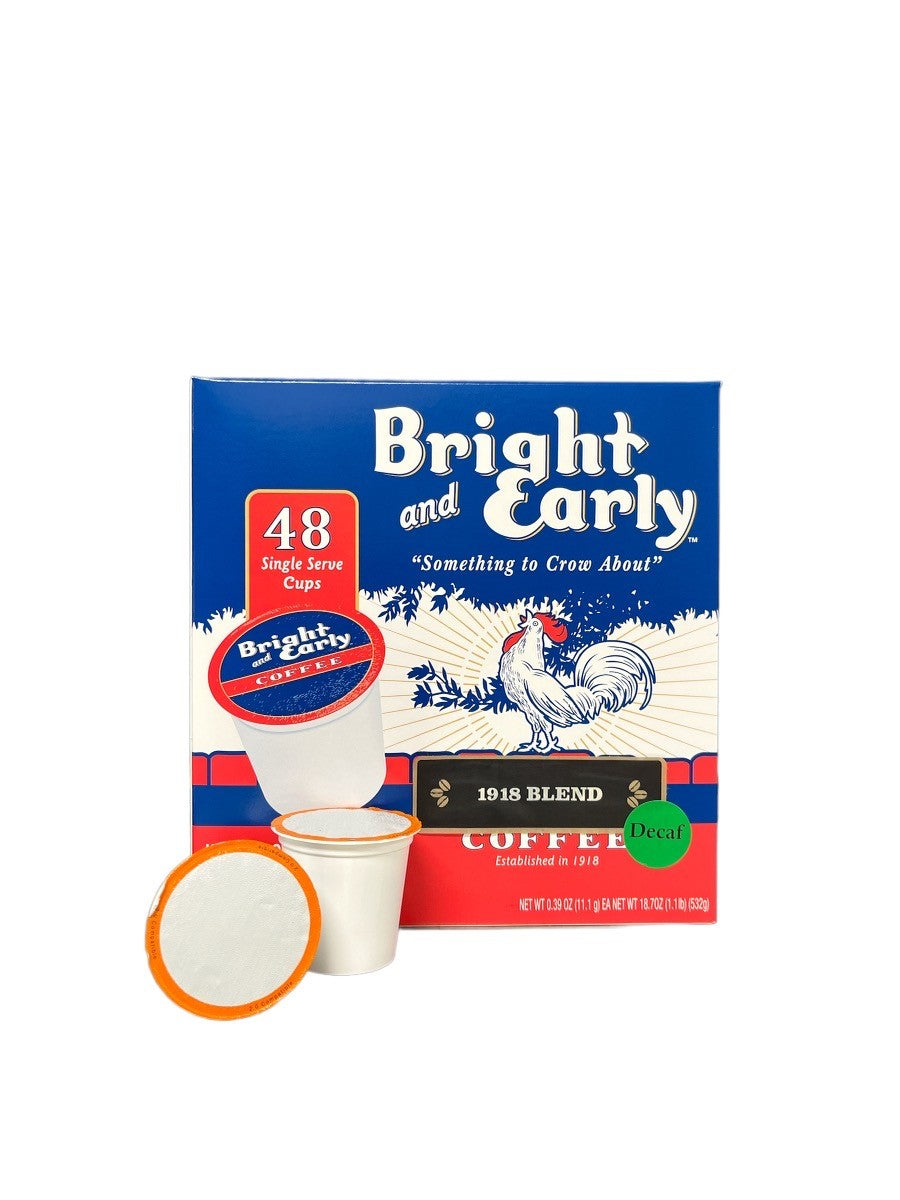 Bright and Early Coffee 1918 Blend Decaf 48-count single-serve cup box with cups