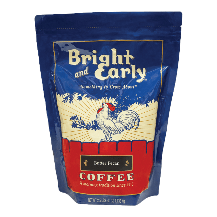 two and half lb bag Bright and Early butter Pecan flavored 100% arabica specialty grade coffee roasted and packaged in the USA