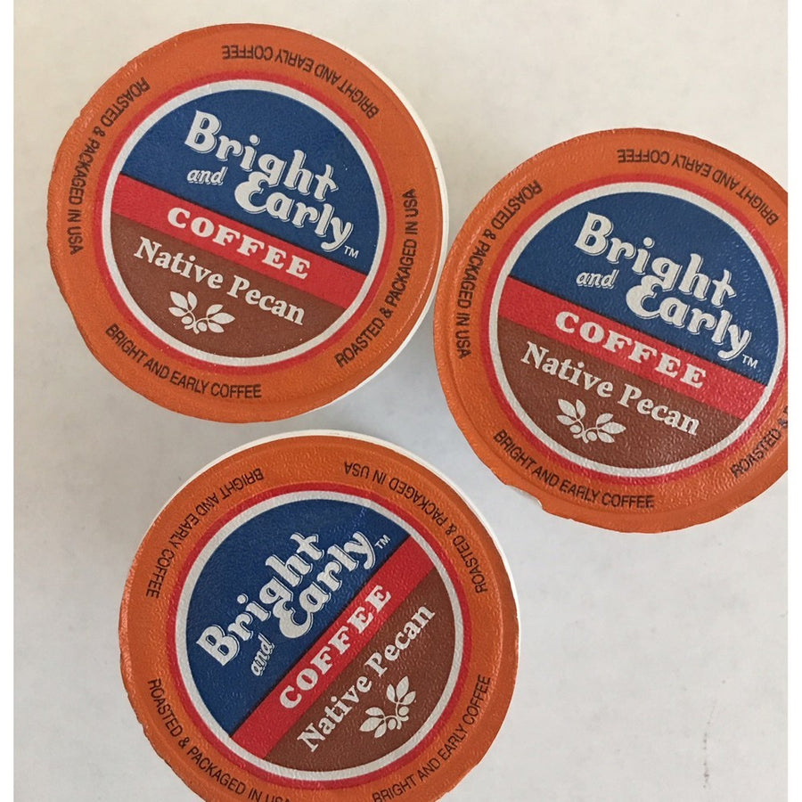 Native Pecan flavored Keurig K cup made by Bright and Early coffee using 100% arabica specialty coffee roasted and packaged in the USA