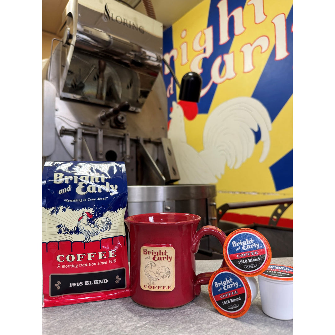Red Bright and Early Coffee handcrafted mug with coffee bags and single-serve cups in the roastery