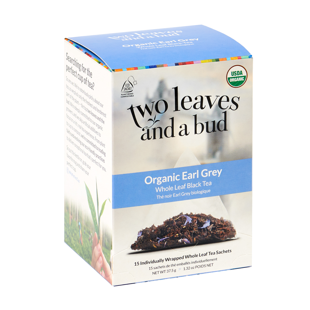 Two Leaves and a Bud Organic Earl Grey tea box, 15 tea sachets, sold by Bright and Early Coffee