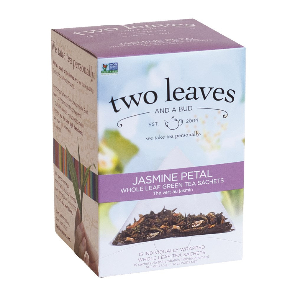Two Leaves and a Bud Organic Jasmine Petal tea box, 15 tea sachets, sold by Bright and Early Coffee