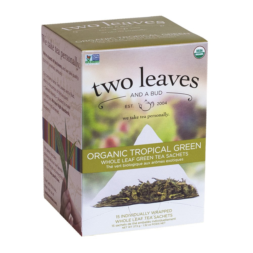 Two Leaves and a Bud Organic Tropical Green tea box, 15 tea sachets, sold by Bright and Early Coffee