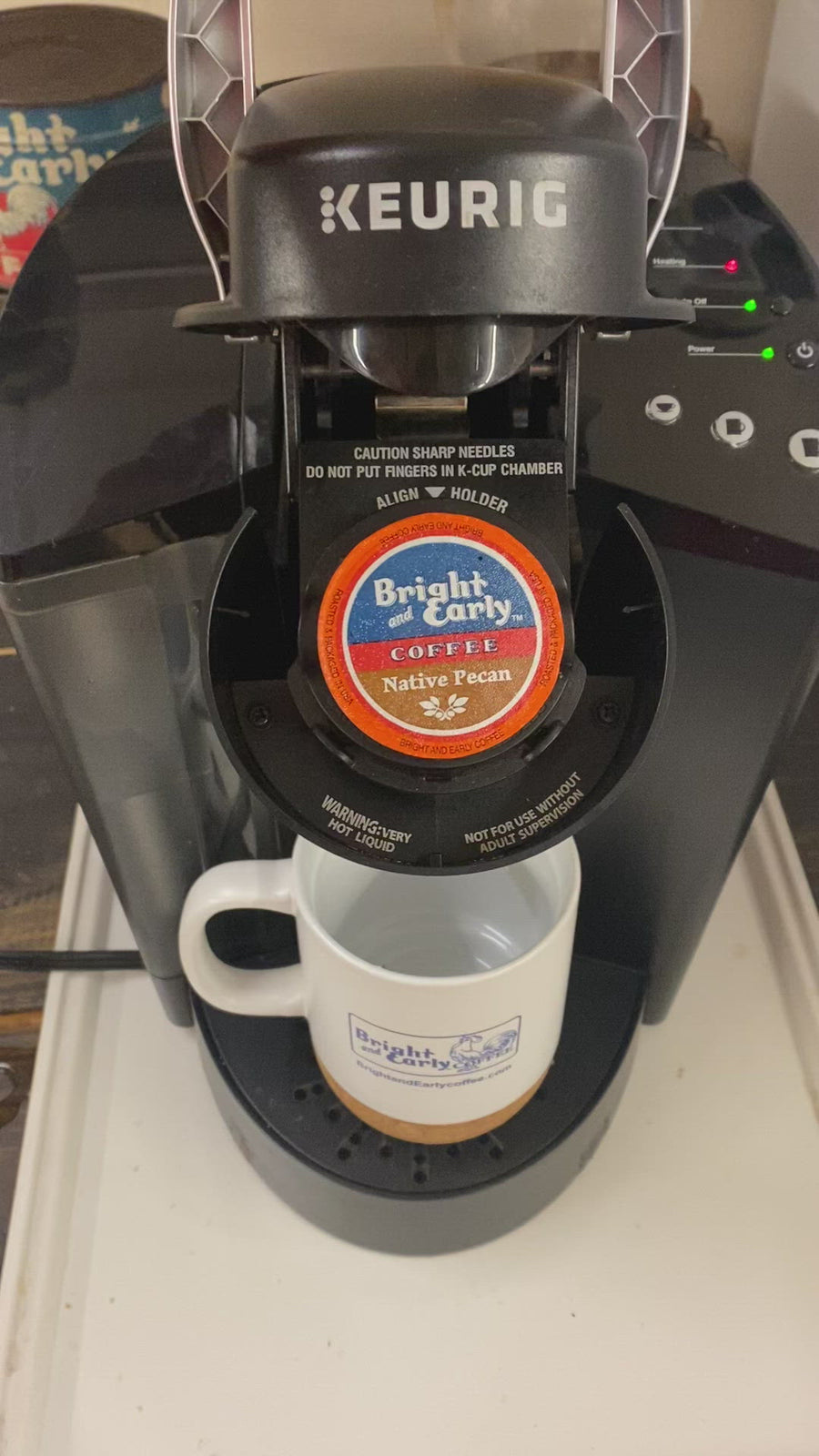 Native Pecan flavored Keurig K cup made by Bright and Early coffee using 100% arabica specialty coffee roasted and packaged in the USA 