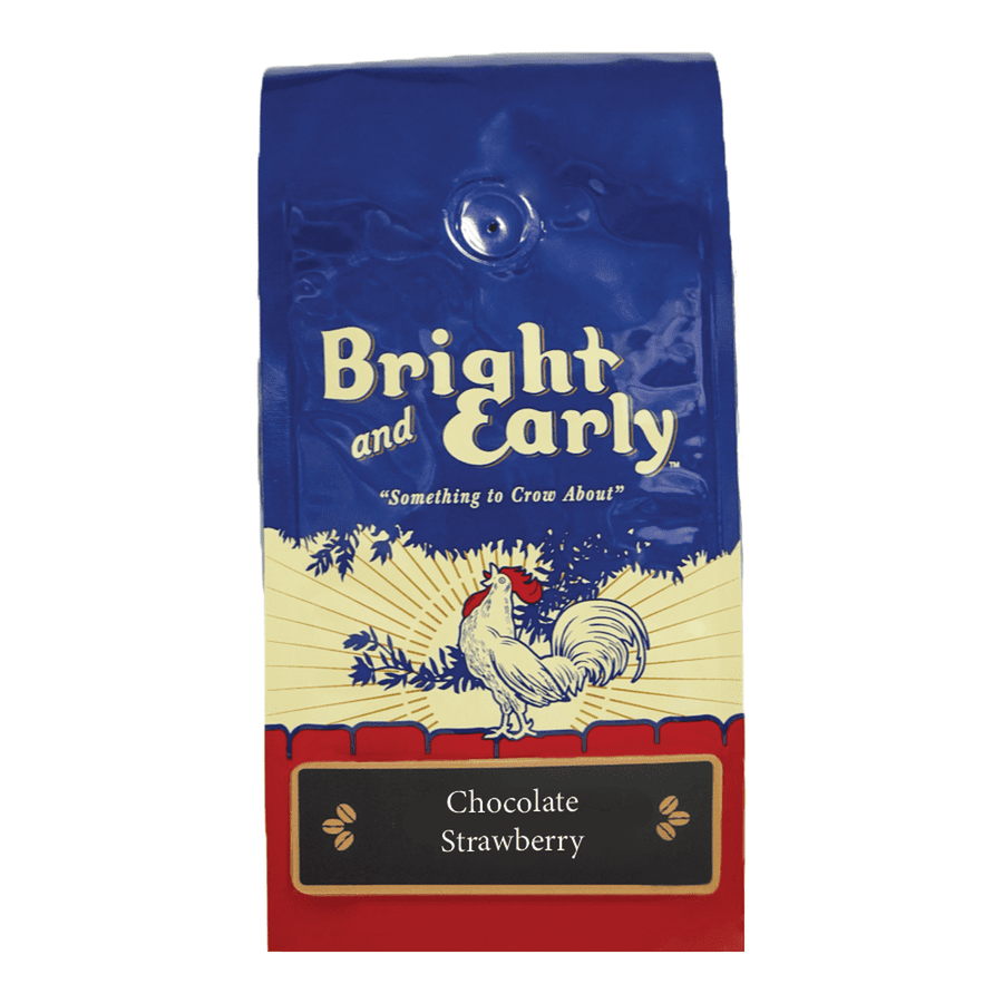 1lb bag chocolate strawberry flavored 100% specialty grade Arabica beans roasted and packaged by Bright and Early coffee in the USA